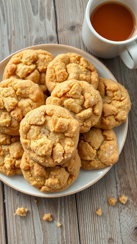 A plate of golden crumble cookies with powdered sugar on a rustic table.